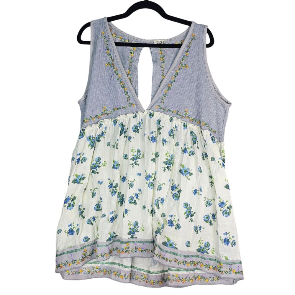 POL Baby Blue Floral Embroidery Babydoll Tank Top | Size Large